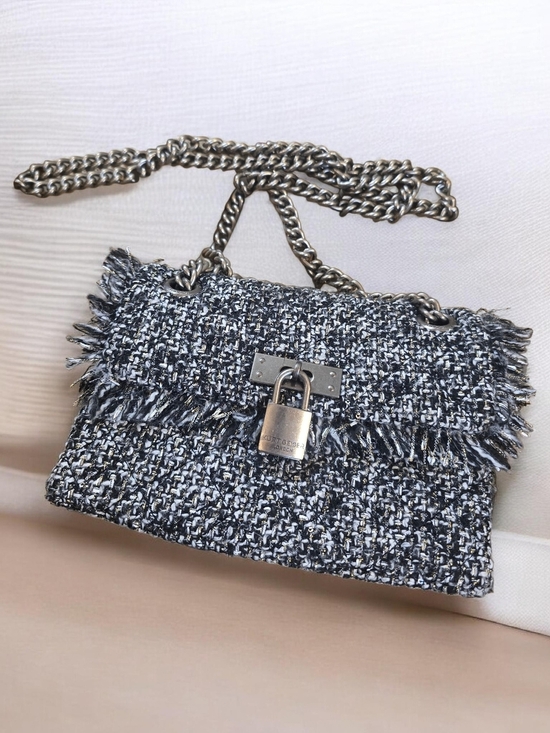 Kurt Geiger Handbags - Kurt Geiger Black & White Tweed Chain Crossbody with Padlock